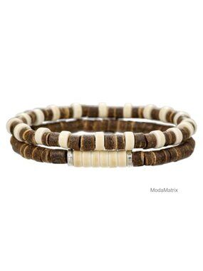 Retro Surfer Stackable Bracelets Wood Beads Coconut Shell Puka Shell